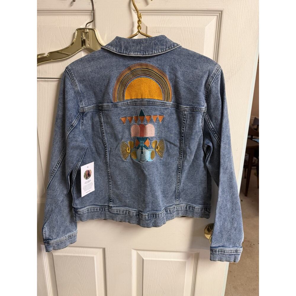 Womens Med Jean Jacket Brooklyn Dolly EMBROIDERED Art CHIC NEW 40w 21L Sun